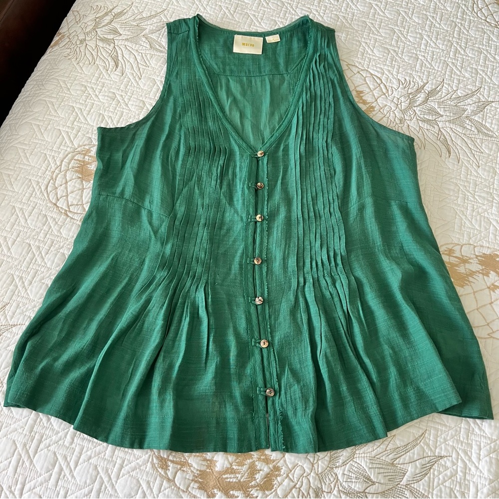 Maeve Anthropologie  Emerald Green Flowy Button Up Tank Top Size Medium